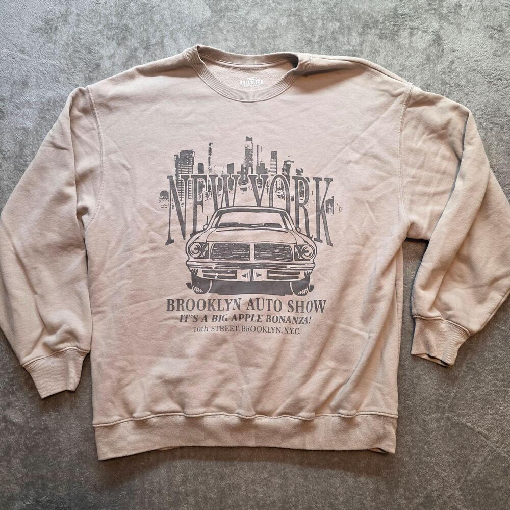 Hollister Sweatshirt Womens M Beige Fleece New York Brooklyn Auto Show Graphic